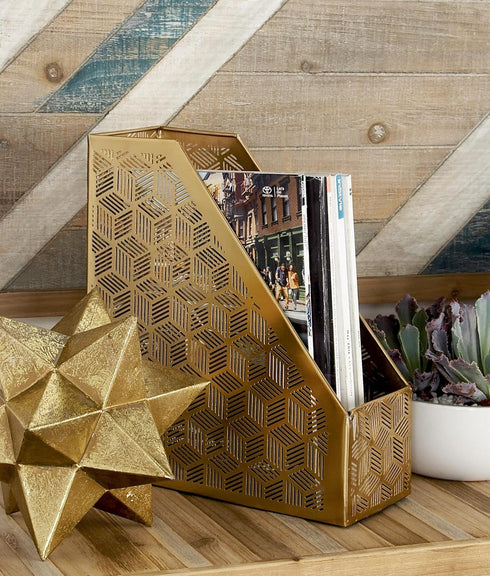 Deco 79 Metal Geometric Magazine Holder, Single Slot with Laser Carved Design, Gold