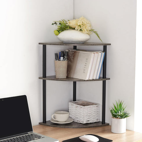 3-Tier Corner Shelf Stand, Rustic Wood and Metal Corner Display Rack, Small Triangle Corner Storage Organizer