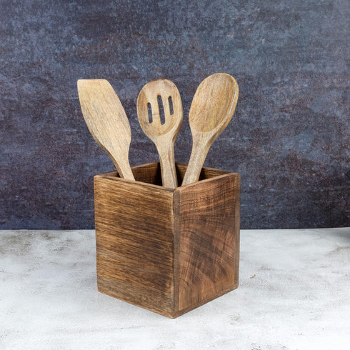 Mango Wood Burning Finished Utensil Holder for Kitchen Countertop, Container for Cooking Utensils (5"x 5"x 6")