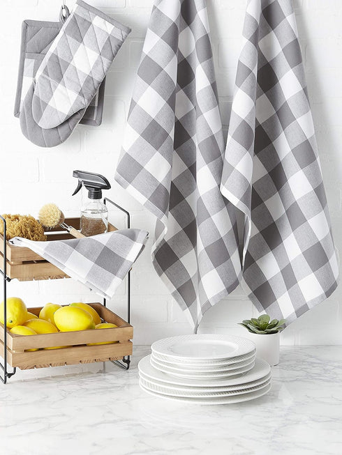 DII Buffalo Check Kitchen Collection, Classic Farmhouse Kitchen Set, Gray & White Oven Mitt, 2 Piece