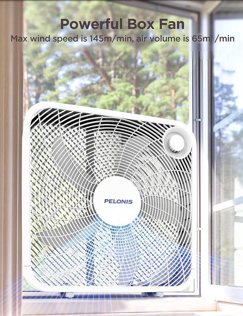 PELONIS 3-Speed Box Fan, Full-Force Circulation, Air Conditioner, White