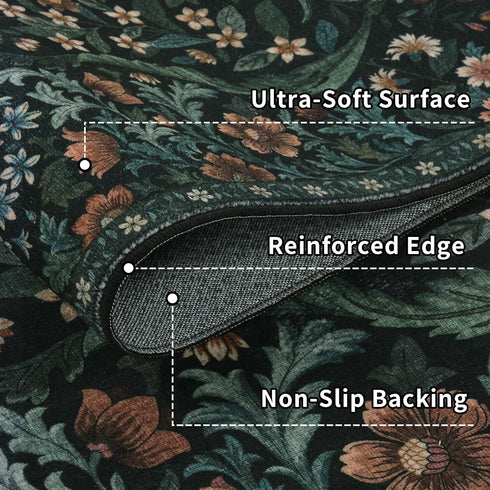 2x6 Washable Runner Rug,Black Floral Boho Area Rug for Hallway,Low-Pile Non-Slip Stain Resistant Carpet for Kitchen