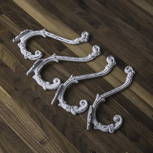 CRAFTSMAN ROAD Vintage Cast Iron Wall Hooks, Antique White Finish, Set of 4 - Rustic Coat Hooks for Coats, Bags, Towels