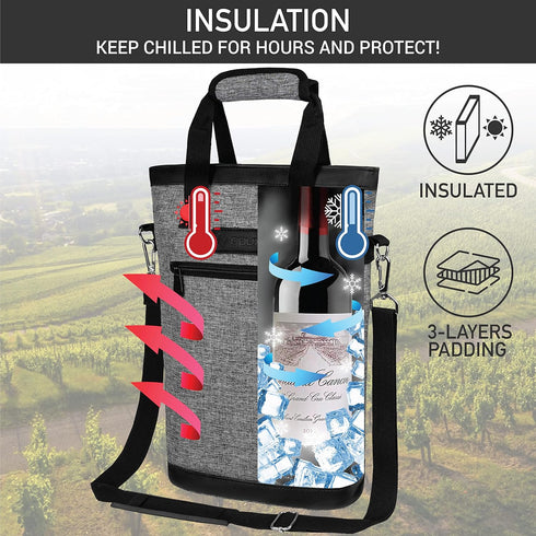 OPUX Insulated Leakproof Two Bottle Wine Bag Carrier - Portable Wine Case for Travel, Heather Grey