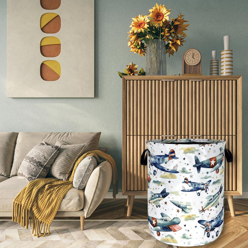 SELIONLIKN 18.9x16.5 Inch Watercolor Plane Laundry Basket Foldable Cartoon Laundry Hamper Oxford Cloth Plane Printed