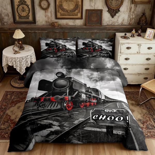 Retro Train Comforter Set Twin Size,Black Red Old Train Car Bedding Set