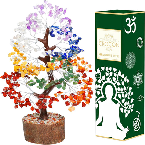 Crocon Seven Chakra Gemstone Tree, Feng Shui Figurine, Money Bonsai, Good Luck Reiki Healing Crystals, Size 10-12"