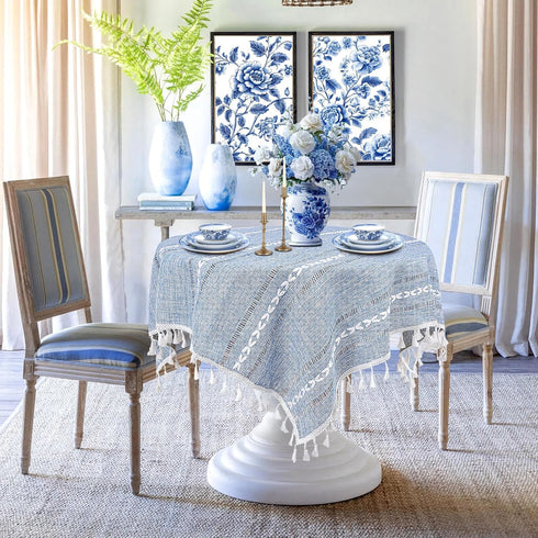 36''x36'', Summer Small Blue Square Tablecloth Spring Dusty Blue and White Linen Coffee Table Cover, Boho Nightstand