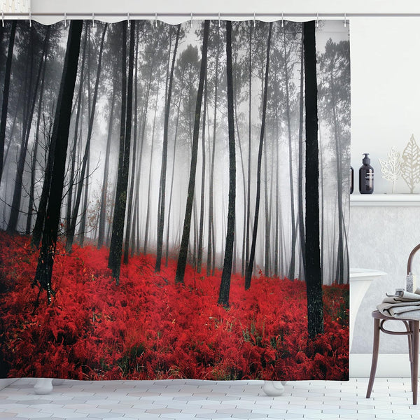 Ambesonne Forest Shower Curtain, Mystical Woodland Fog Trees Art Photography, 69" W x 70" L, Red Grey.