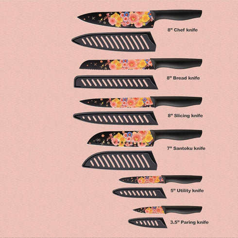 Marco Almond Knife Set Artistic Designed Pattern Kitchen Knife 6 Stainless Steel Kitchen Knives w 6 Blade Guards,Dishwasher Safe Kitche Knife Set for Family Kitchen Knives Set for Chefs by Marco Almond