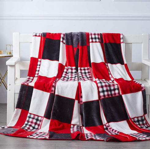 Tache Holiday Red Farmhouse Super Soft Micro Fleece Plaid Patchwork Plush Lightweight