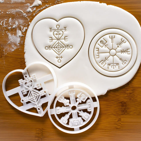 Set of 2 Icelandic Magical Stave Cookie Cutters - Designs: Love Charm Astarstafur & Runic Compass Vegvisir (2 pieces) -
