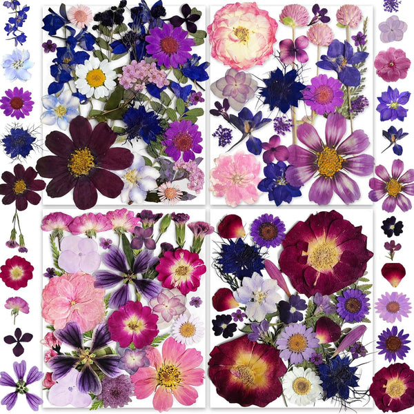 150PCS Purple Dried Pressed Flowers with Butterfly Stickers, YouthBro Real Nature Flowers Set for DIY Craft