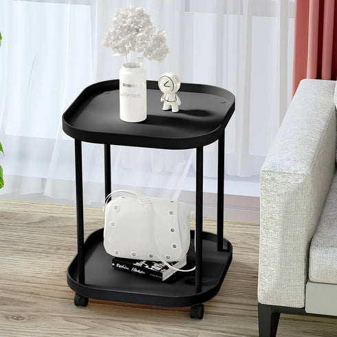 Mobile Side Table on Wheels - Compact Nightstand in Black