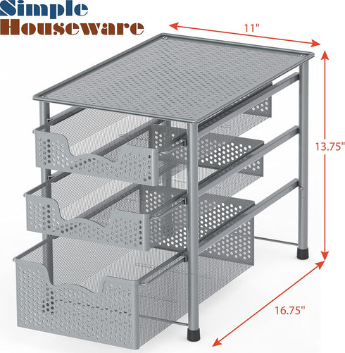 Simple Houseware 3 Tier Stackable Sliding Basket Organizer Drawer - Silver
