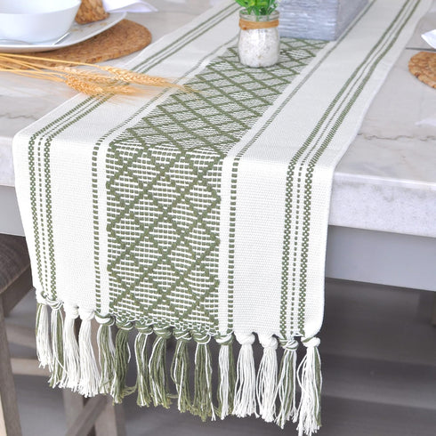 14 90 Inches, Boho Dining Table Runner with Tassels x Olive Green & Cream | Woven Washable Dresser Scarf for Bedroom |