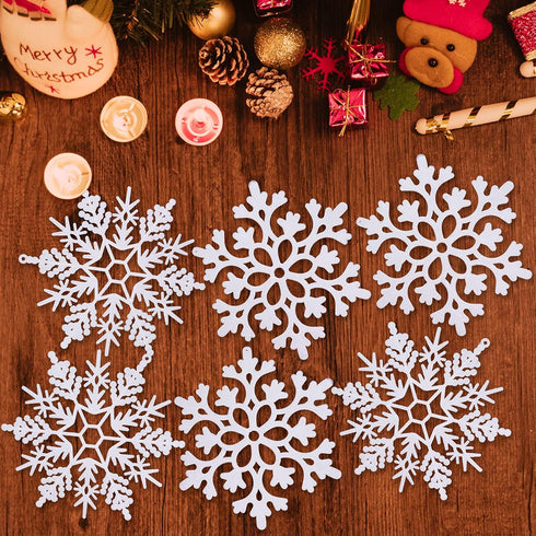 White Snowflake Ornaments - 6 Pack Large Plastic Decorations for Christmas Tree, Winter Wonderland