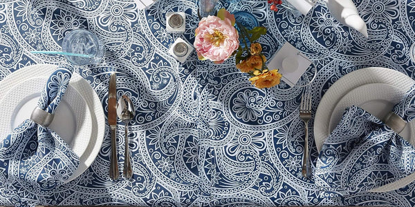 DII Paisley Outdoor Tabletop Collection, Water Resistant Tablecloth, 60" Round, Blue
