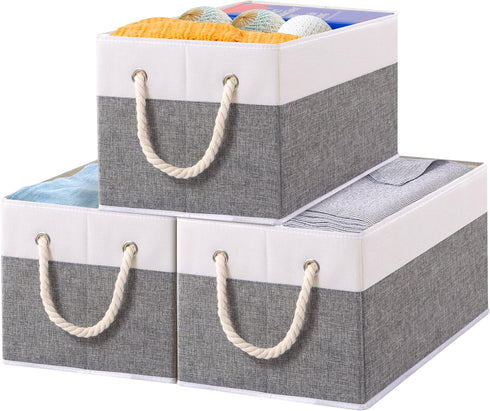 Yawinhe 3-Pack Foldable Storage Basket, Large Fabric Bins with Rope Handle for Organizing Shelves, Closets, Clothes,
