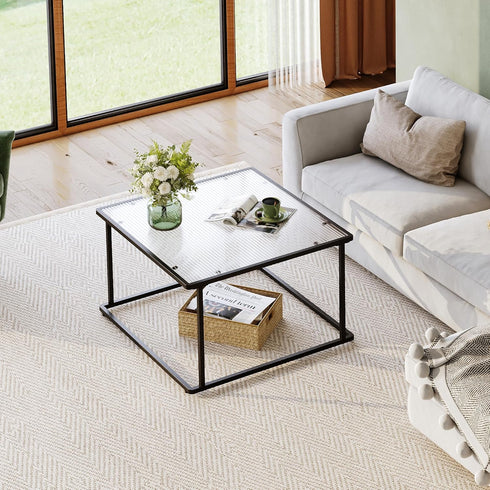 26.4 26.4in, WLIVE Glass Coffee Table, Small Modern Coffee Table for Living Room with Wave Textured Glass & Metal