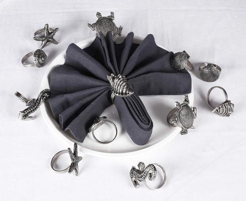 ALPHA Living HOME Silver Napkin Rings - 12-Piece Set of Premium 100% Metal, Antique Coastal Sea Shell Tabletop D cor