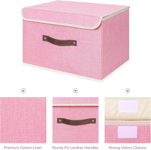 ANMINY Storage Bin with Lid, Decorative Foldable Lidded Cotton Linen Fabric Home Cubes Baskets Closet Organizer - Pink,