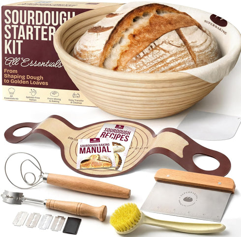 Superbaking Sourdough Starter Kit, 9" Round Banneton Bread Proofing Basket Set, Sourdough
