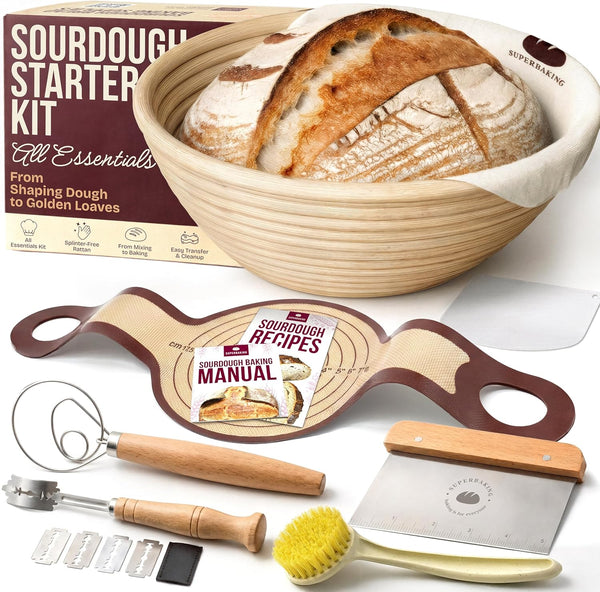 Superbaking Sourdough Starter Kit, 9" Round Banneton Bread Proofing Basket Set, Sourdough