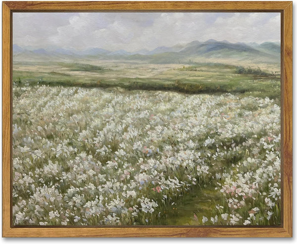 SHENIFY Vintage Landscape Framed Canvas Wall Art, Classic Flower Field Painting for Kitchen Office Decor