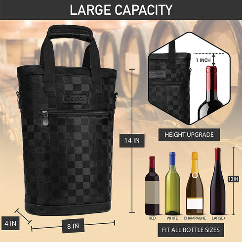 OPUX Insulated 2 Bottle Wine Carrier Tote, Leakproof Wine Cooler Bag for BYOB Picnic, Portable Wine Case, Checker Black