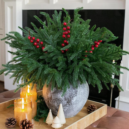 florisso Vases,12 3 Artificial Faux Christmas Norfolk Pine Stems Branches for Bundles Fake Evergreen Real Touch