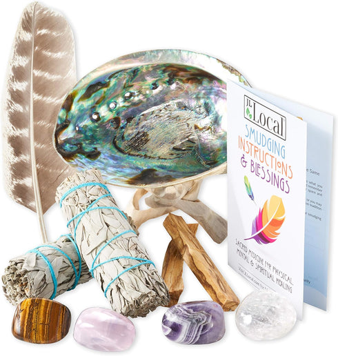 Perfect Unity Smudging Kit - 2 White Sage Smudge Sticks + 2 Palo Santo Sticks + Abalone Shell Bowl + Healing Incense