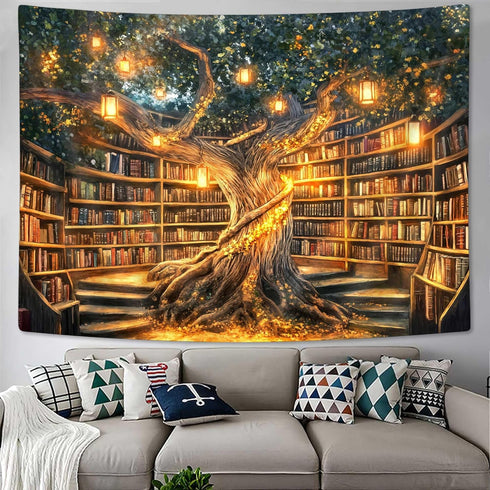 Xguatan 60X40IN Fantasy Library Tapestry, Mysterious Forest Tree Magic Bookshelf Aesthetic Tapestries , Witchy