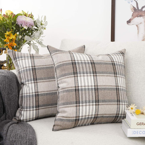 YOUR SMILE Set of 2 Retro Farmhouse Decorative Throw Pillow Case, Buffalo Tartan Plaid, Brown, 20x20inch