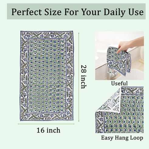 Set 3-16 x28 100% Ridhi Basil Green Hand Block Print Waffle Kitchen Towel of Ultra Absorbent Quick Dry Cotton Dish