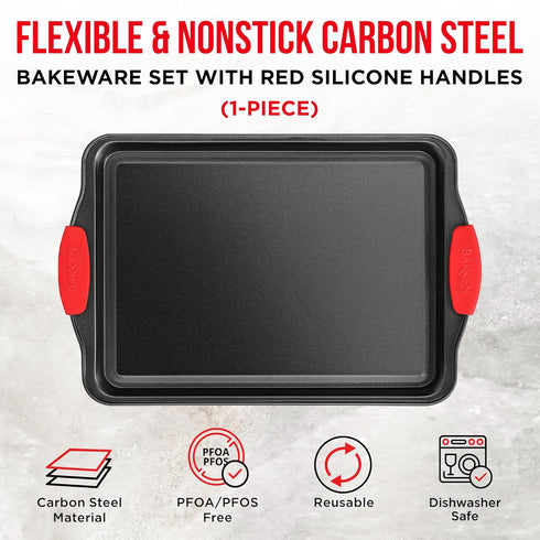 Nonstick Cookie Sheet Pan Carbon Steel Oven Tray Sheet Pan with Red Silicone Handles -Small Bakeware Pan Tray with Gray Coating Inside & Outside