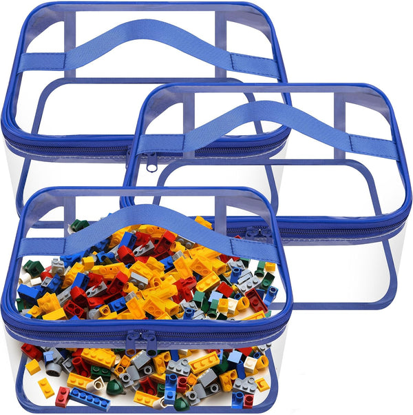 3 Packs Clear Toy Storage Bags - 9.4 x 6.7 x 4.3 Inch Transparent PVC Organizing Bags for Small Toys (Blue)