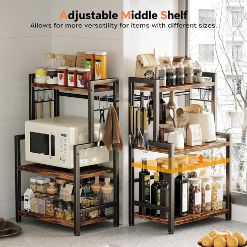 Kitchen Countertop Organizer, 3 Tier Large Spice Rack with Adjustable Shelf and 5 Hooks, Wooden Counter Organizer