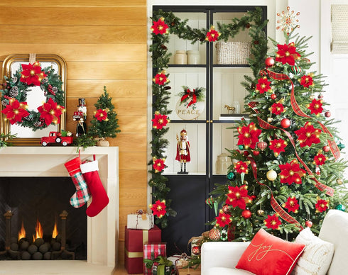 Geefuun 28PCS Christmas Tree Decorations: Red Glitter Poinsettias Artificial Flowers Ornaments with Clips, 3 Sizes
