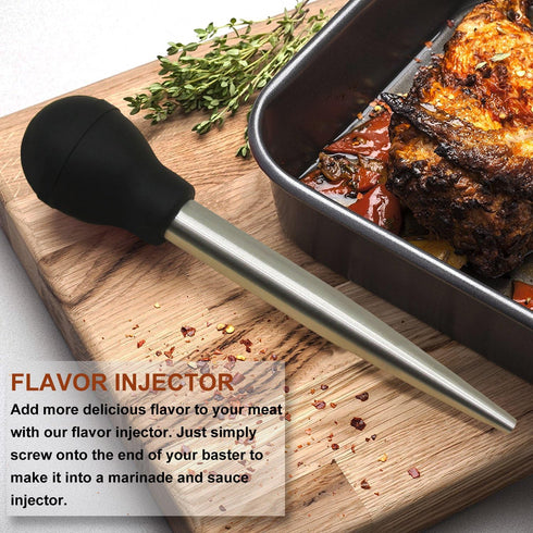 Stainless Steel Turkey Baster with Cleaning Brush - Food Grade Basting Syringe with 2 Marinade Injector Needles, Black
