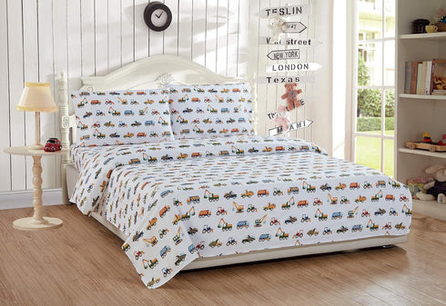 Linen Plus Set Sheet for Kids Construction Tractors Excavators Loaders Dump Trucks Compactors White Blue Red Green