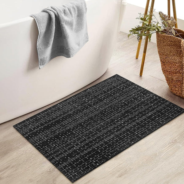 Boho Bathroom Rugs, 2' x 3' Hand Woven Cotton Entryway Rug | Reversible Washable Farmhouse Black Rug for Entrance