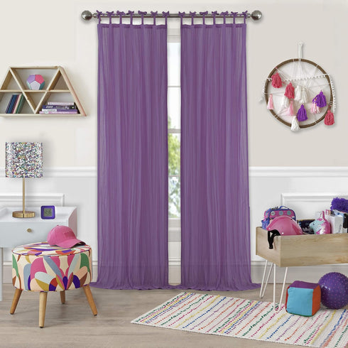 Elrene Home Fashions Greta Crushed Sheer Tie Tab Top Teen Kids Single Window Panel Curtain Drape, Purple
