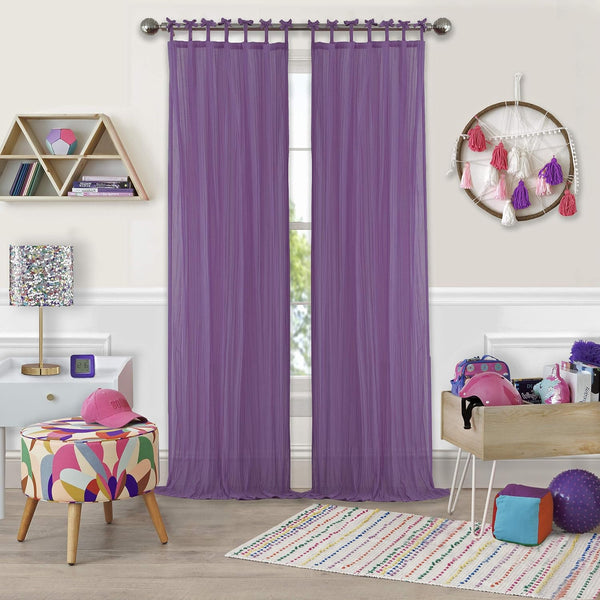 Elrene Home Fashions Greta Crushed Sheer Tie Tab Top Teen Kids Single Window Panel Curtain Drape, Purple