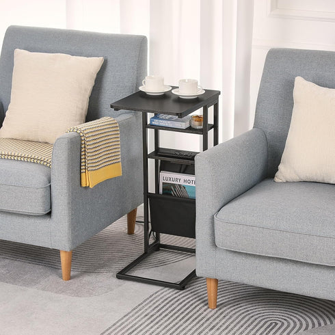 28"(H) 3-Tier C Shaped End Table with Charging Station, C Table with Storage Bag, Under Couch Table C-Shaped End Table