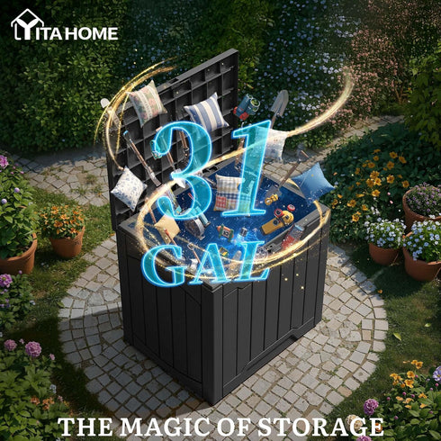 31 Package YITAHOME Gallon Outdoor Storage Box, Resin Deck Box and Waterproof Delivery Box for Gardening Tools, Pool
