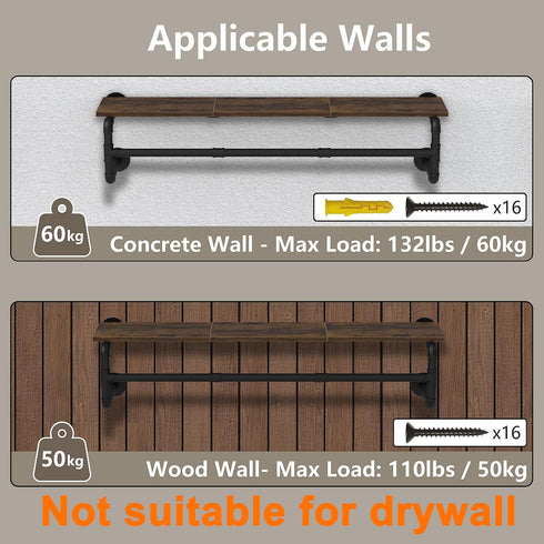 Industrial Pipe Clothes Rack with Top Shelf and 3 Hooks, 41''L Wall Mounted Heavy Duty Iron Garment Rack