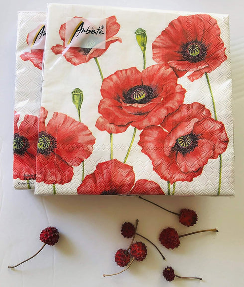 20-ct Decorative Valentine's Napkins Red Poppy Floral Paper for Mother's Father's Day Gorgeous Lunch Dinner 6.5 x 6.5 x