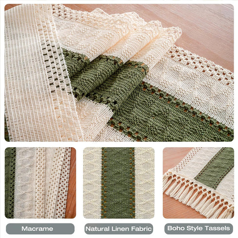 72 inch duduta Sage Green Spring Macrame Table Runner Long, Farmhouse Boho Dresser Covers Coffee Table Decor