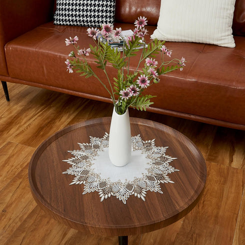 15 inches 15 White Linen Doily Round Neutral Earth Tones Beige Lace Coffee Table Topper Dresser Scarf Place Mats